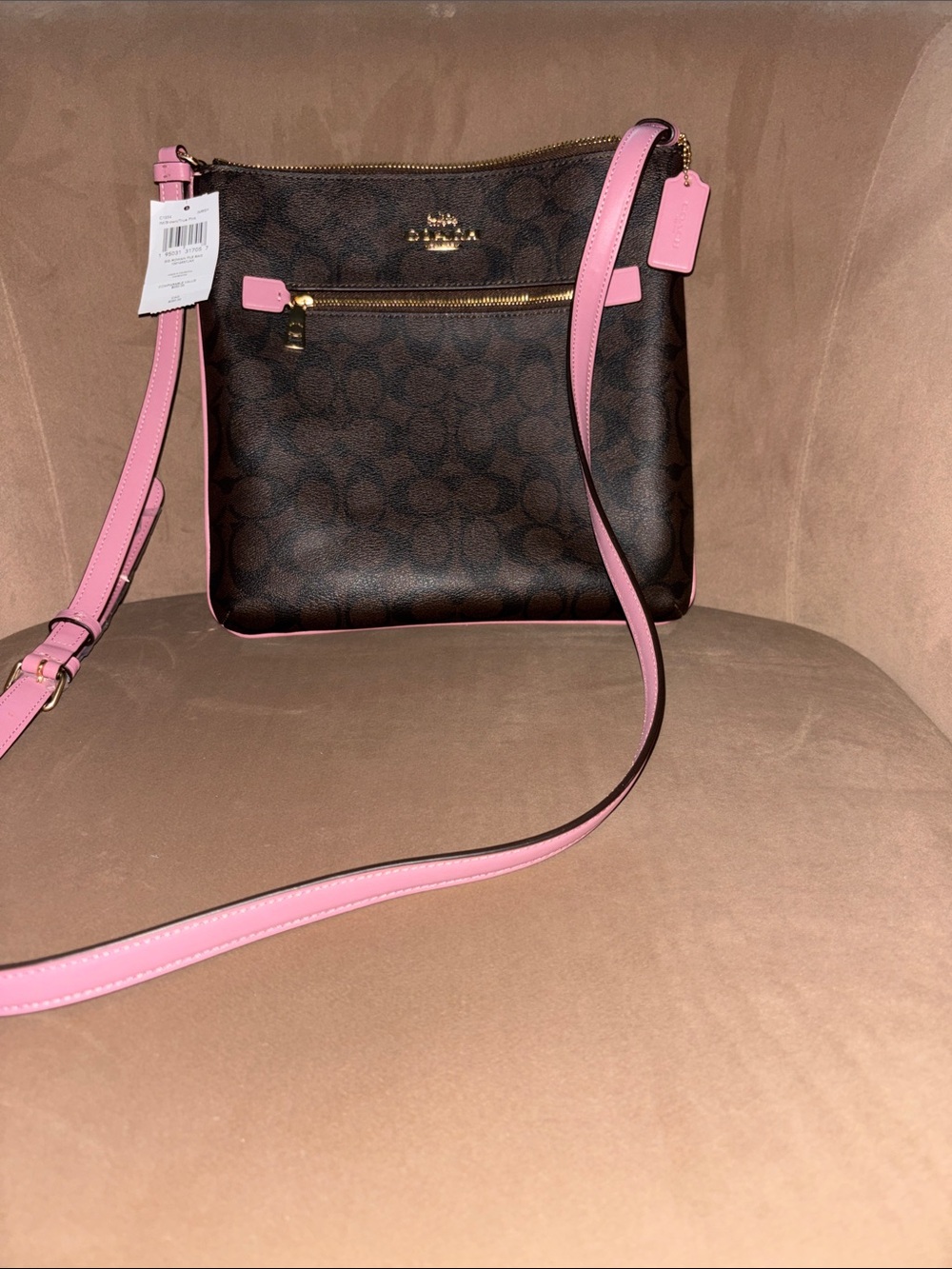 Coach Brown Signature Crossbody with Pink Trim